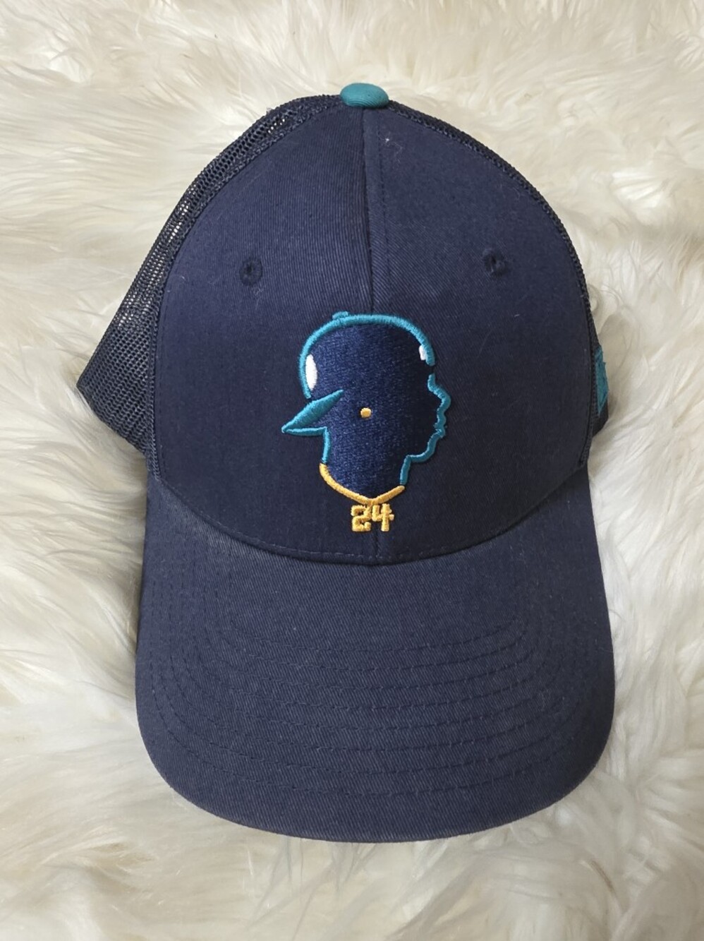Men Navy Blue Trucker Hat with Turquoise & Gold Whale Embroidery